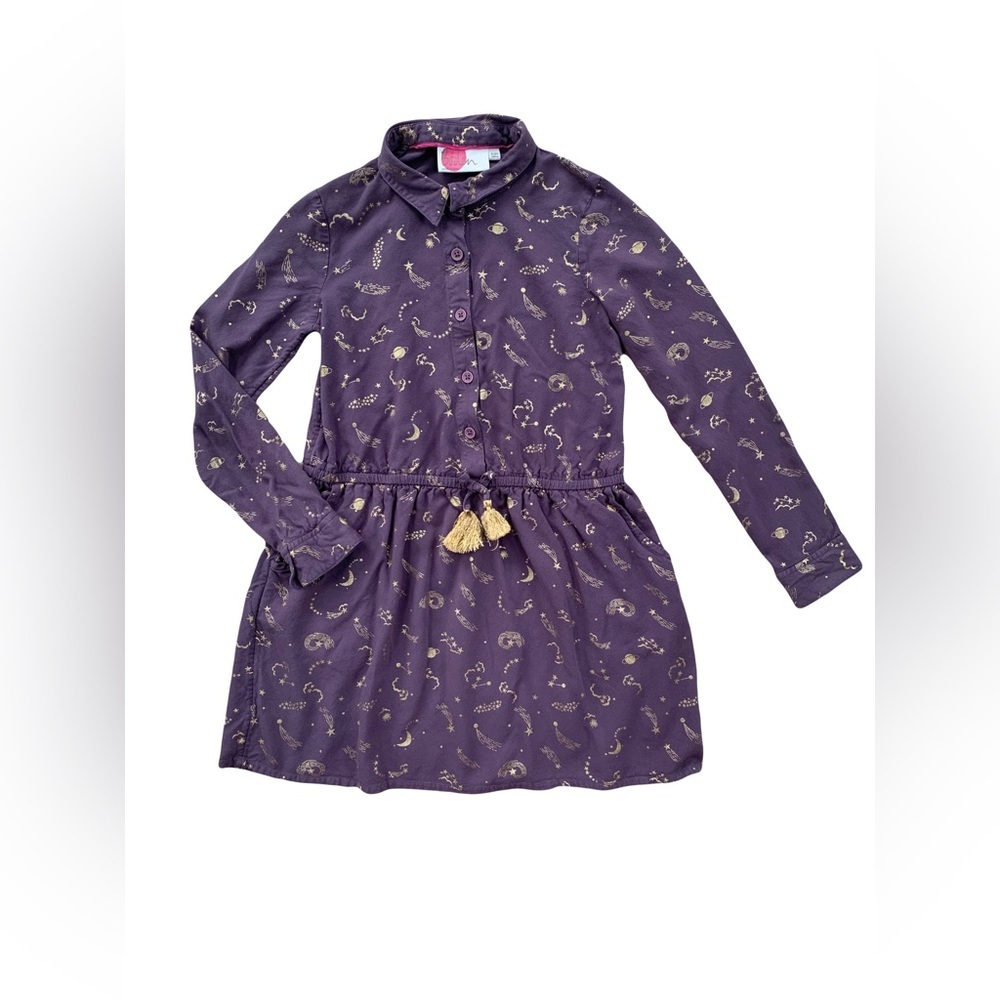 Mini Boden Purple Long-Sleeve Shirt Dress with Gold Star Print